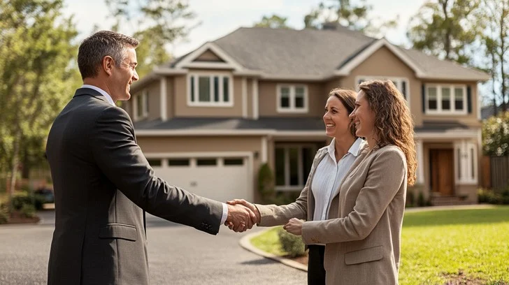 Contractor shaking hands with homeowners in front of house